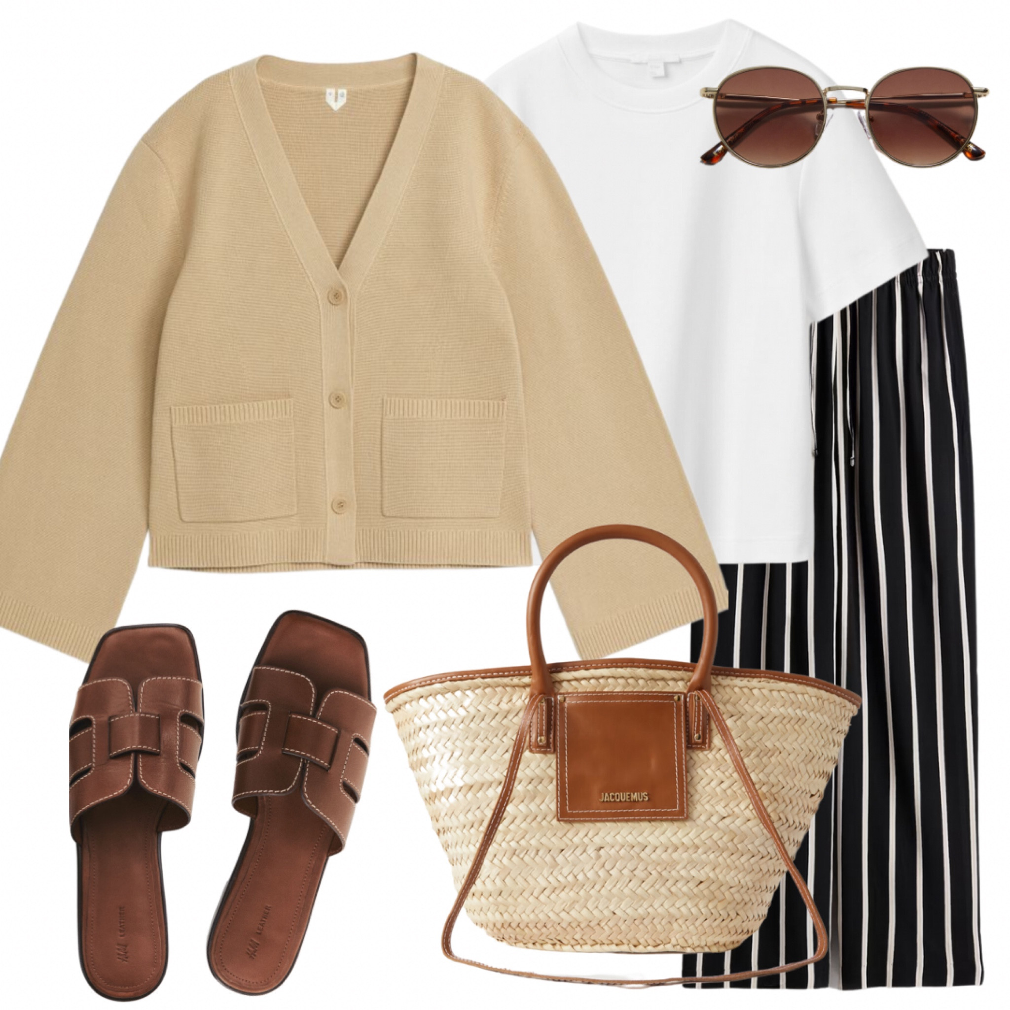 Spring styling, cardigan, striped trousers, brown sandals, straw tote, summer look, white t-shirt, comfy trousers, casual style 

#LTKSeasonal #LTKshoecrush #LTKstyletip