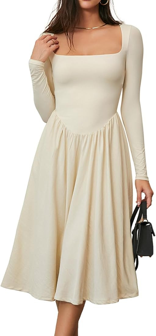 CHYRII Women Spring Fashion 2025 Square Neck Long Sleeve Casual A-Line Midi Dress | Amazon (US)