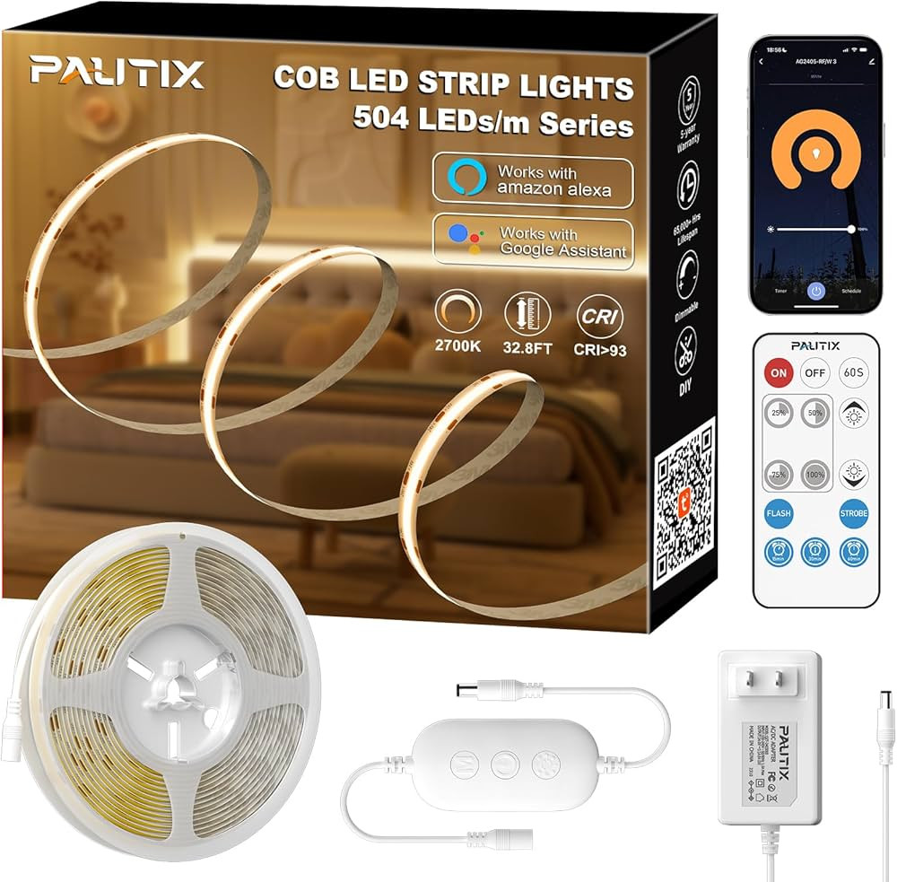 PAUTIX COB LED Strip Light Warm White 2700K 504LEDs/m,CRI90+ 32.8ft/10m Dimmable 24V LED Tape Lig... | Amazon (US)