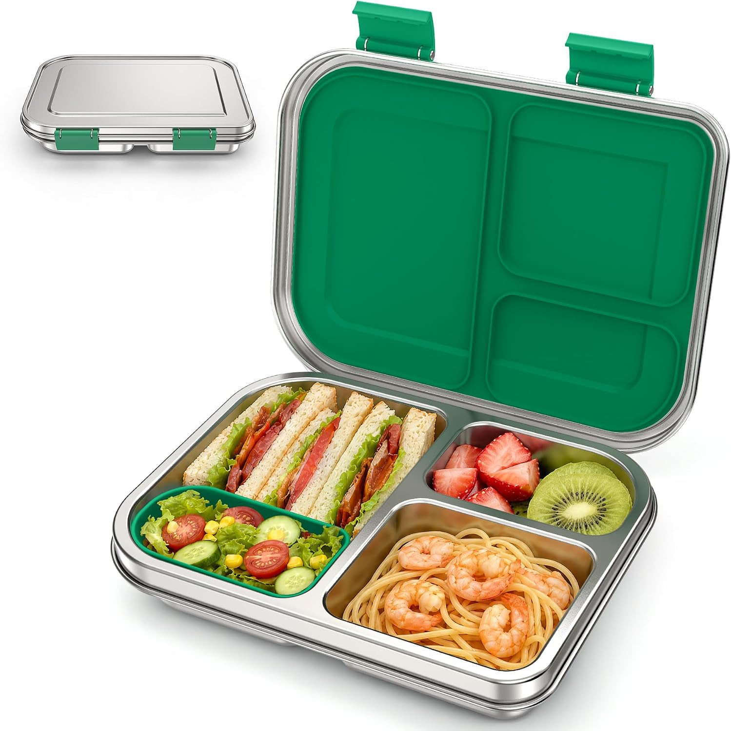 BABHAMNESS Stainless Steel Bento Box Kids, 3 Compartments Leak Proof Metal Bento Lunch Box, 304 Stainless Steel Bento Lunch Containers for School and Office,Dishwasher Safe, BPA-Free-Green | Amazon (US)