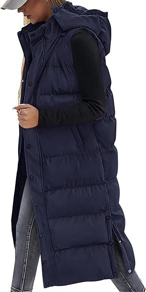 BTFBM Long Puffer Vest Women Quilted Hooded Button Down Zip Up Sleeveless Vests Outerwear Padded ... | Amazon (US)