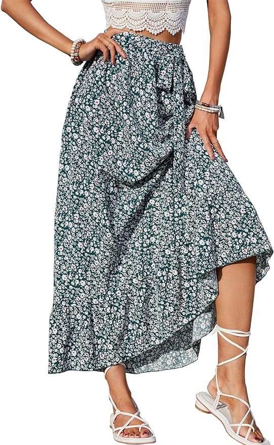 Womens Summer Floral Maxi Skirt with Bow Knot Elastic high Waist Tiered Flowy Skirts midi Length | Amazon (US)