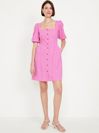 Puff-Sleeve Linen-Blend Mini Dress | Old Navy (US)
