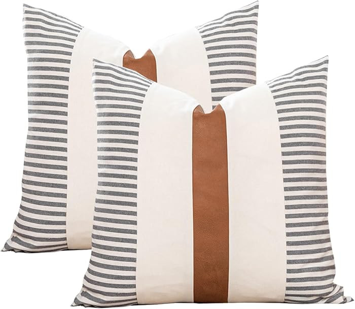 2 Pack Farmhouse Stripe Pillow Cover 18x18 Modern Faux Leather and Cotton Accent Pillow Case for ... | Amazon (US)