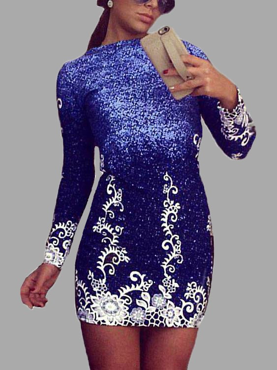 Blue Random Aquatic Print Long Sleeved Mini Dress | YOINS