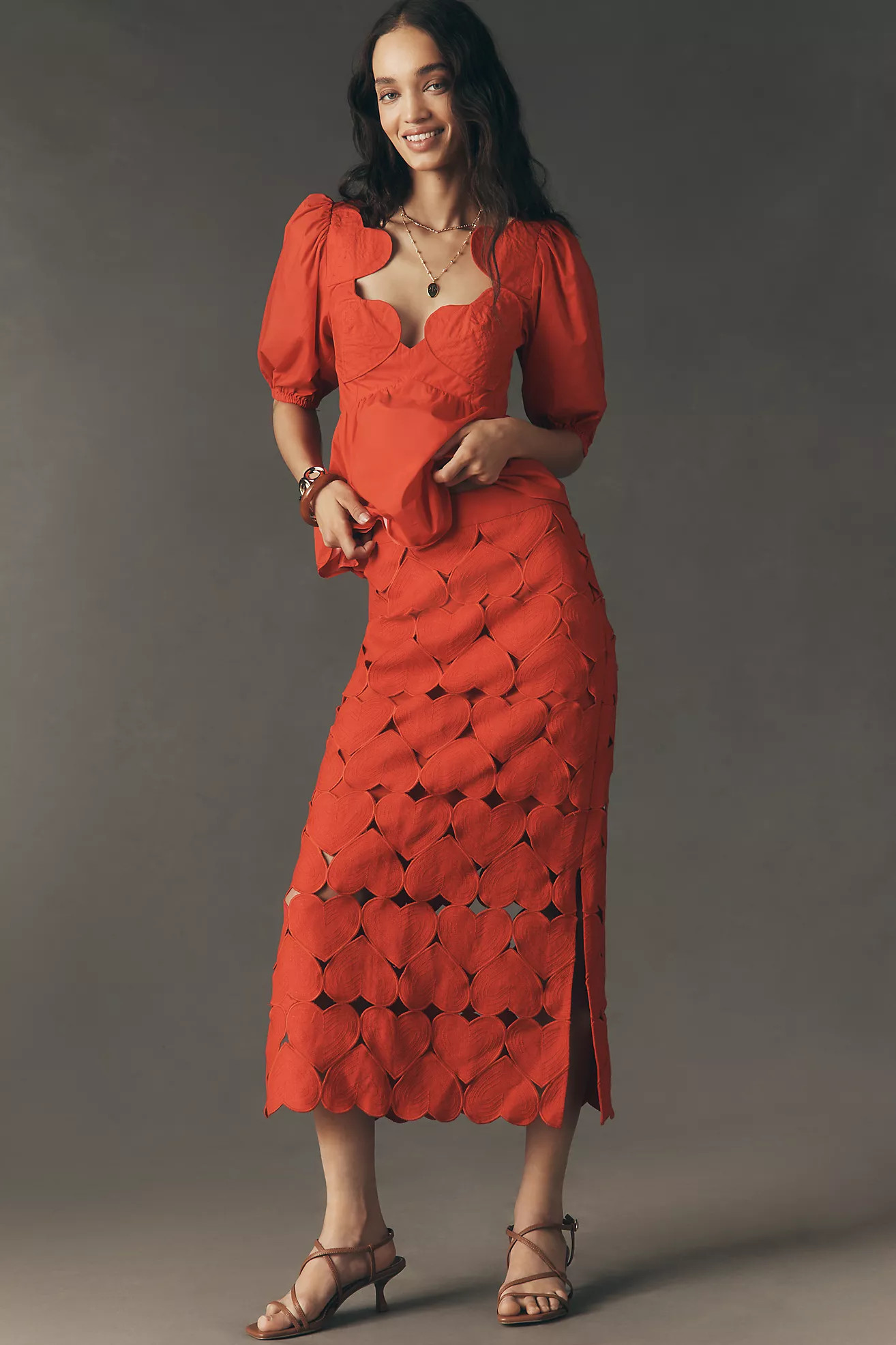 Farm Rio Cutout Hearts Linen Midi Skirt | Anthropologie (US)