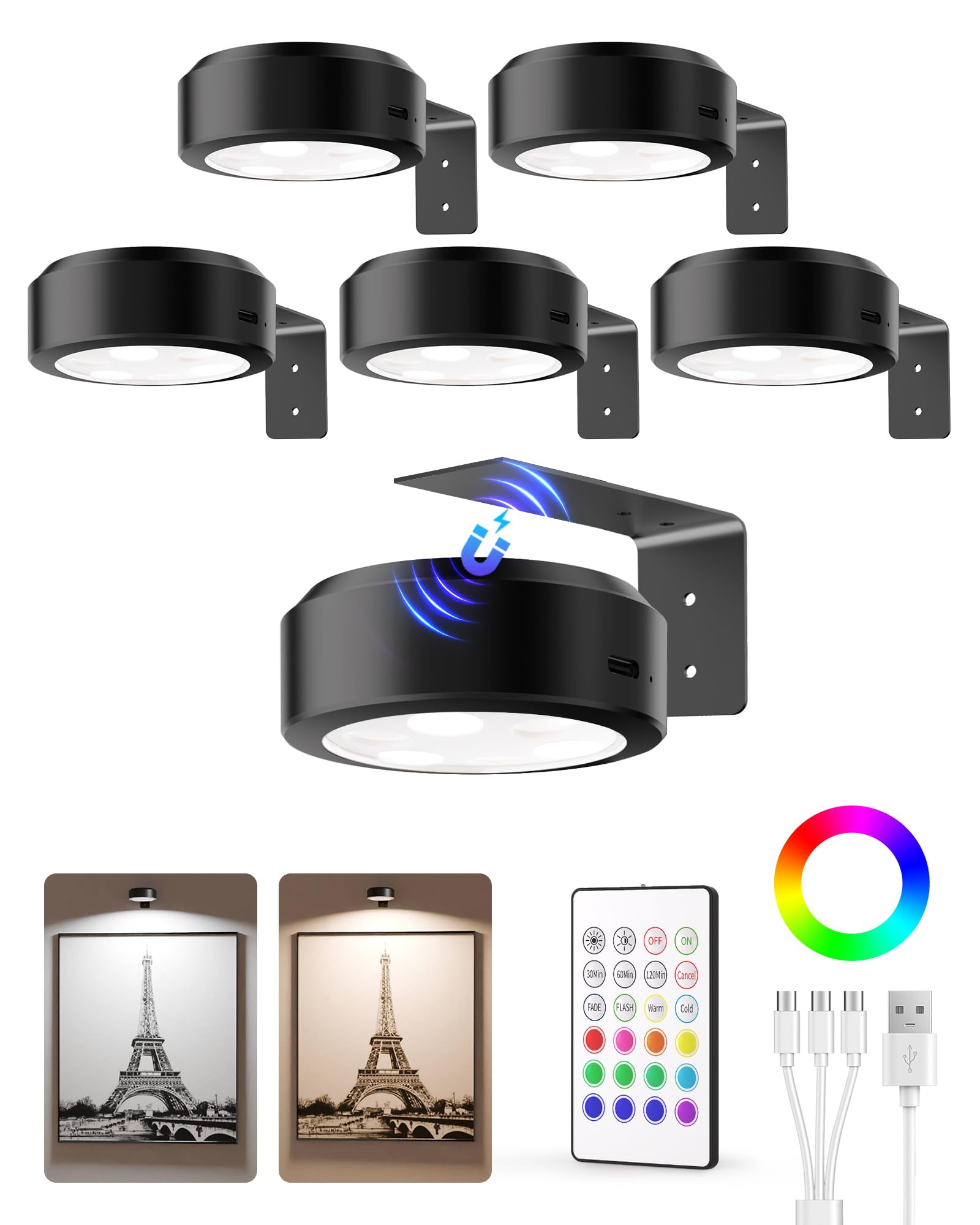 EZVALO Picture Lights for Wall,2000mAh Rechargeable Battery Magnetic Poster Lights with 2 Color Temps&12 RGB,Remote Dimmable Timer Painting Light,Wall Decor Light for Art Display,Frame(6 Pack) | Amazon (US)