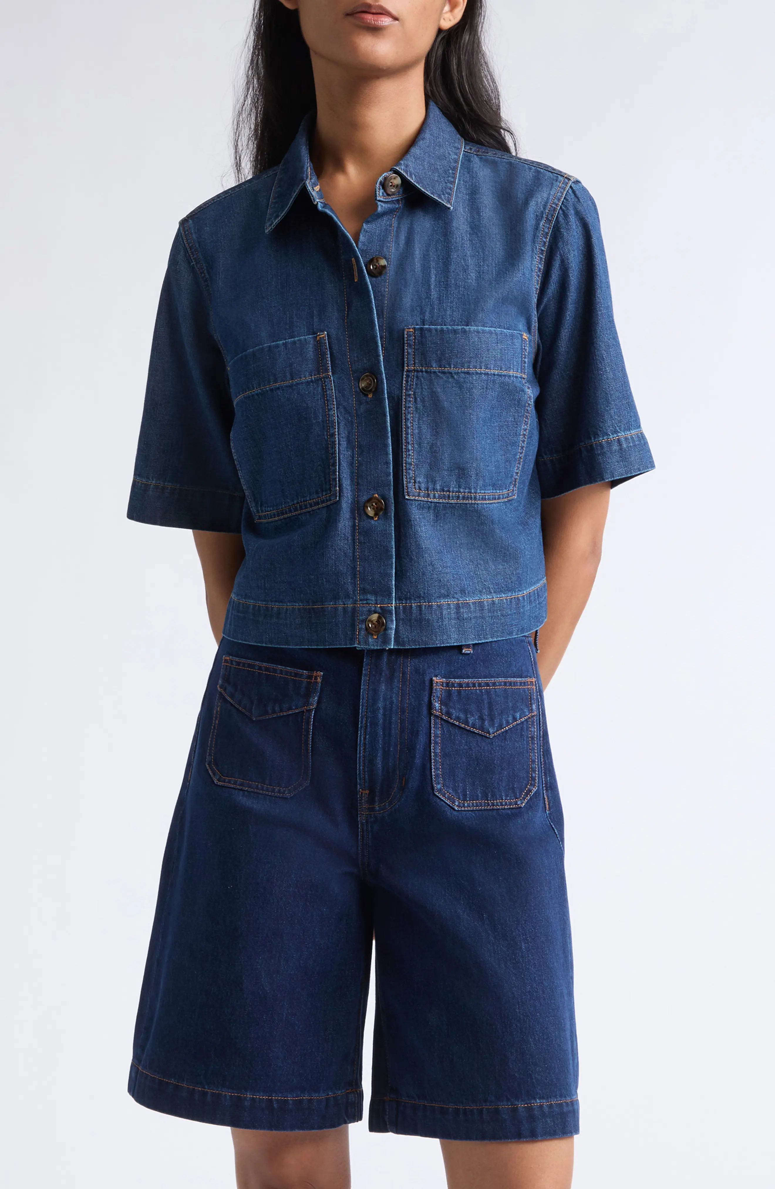Veronica Beard Spruce Cotton & Silk Blend Denim Button-Up Top (Women) | Nordstrom | Nordstrom