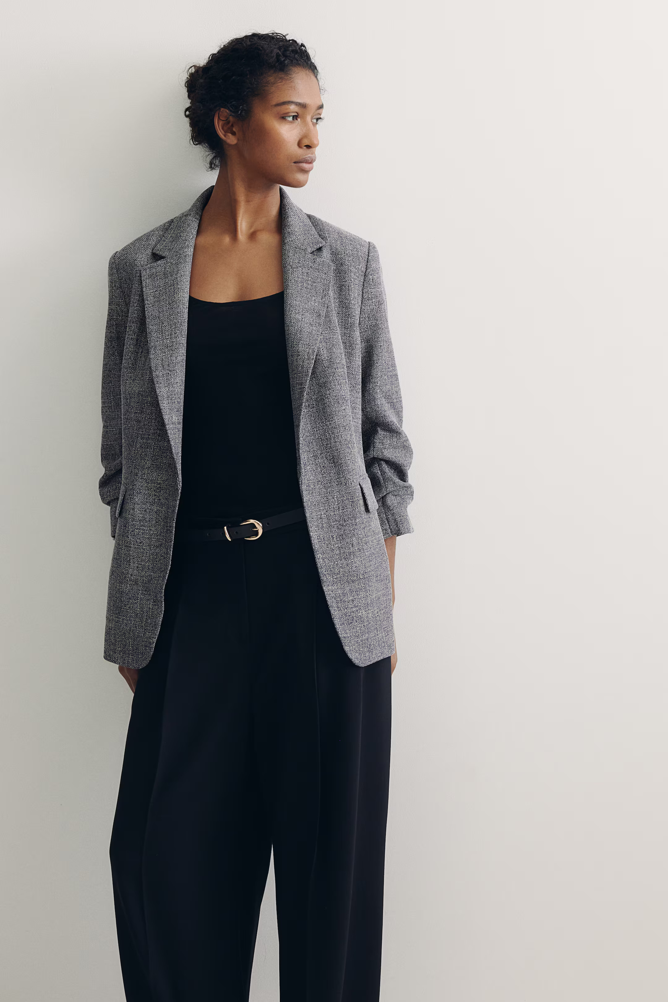 Gathered-sleeve Jacket - Dark blue melange - Ladies | H&M US | H&M (US + CA)