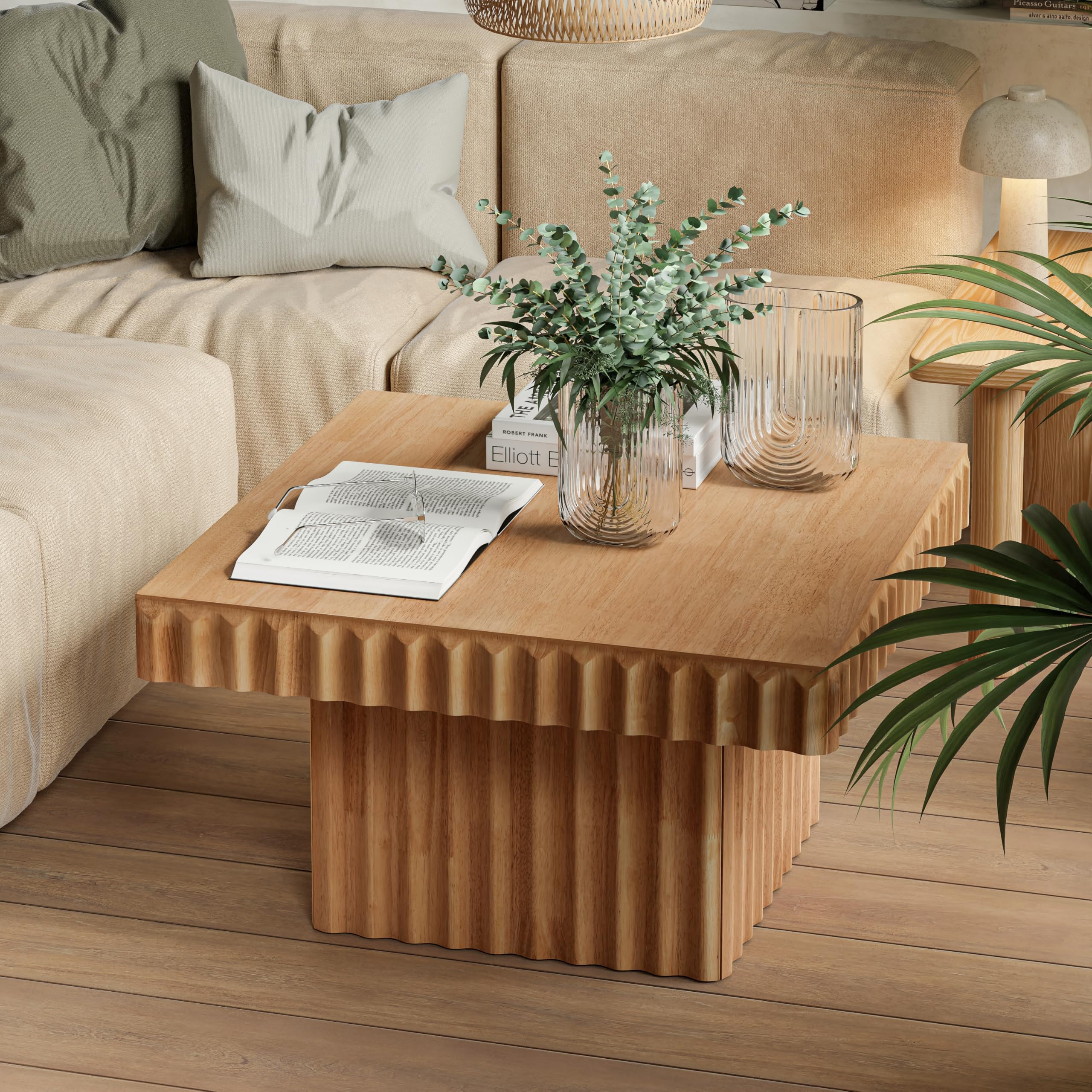 Modern Square Fluted Solid Wood Coffee Table with Handcrafted Natural Oak Finish, Geometric Accen... | Amazon (US)