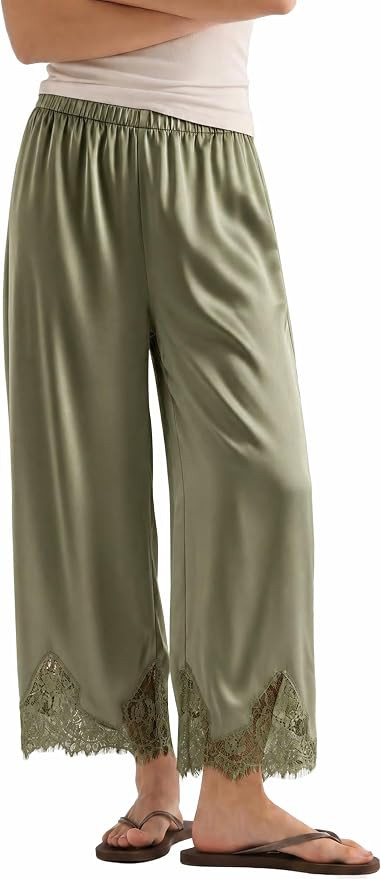Tankaneo Womens Silk Satin Lace Trim Pants Wide Leg Elastic Pajama Pants | Amazon (US)