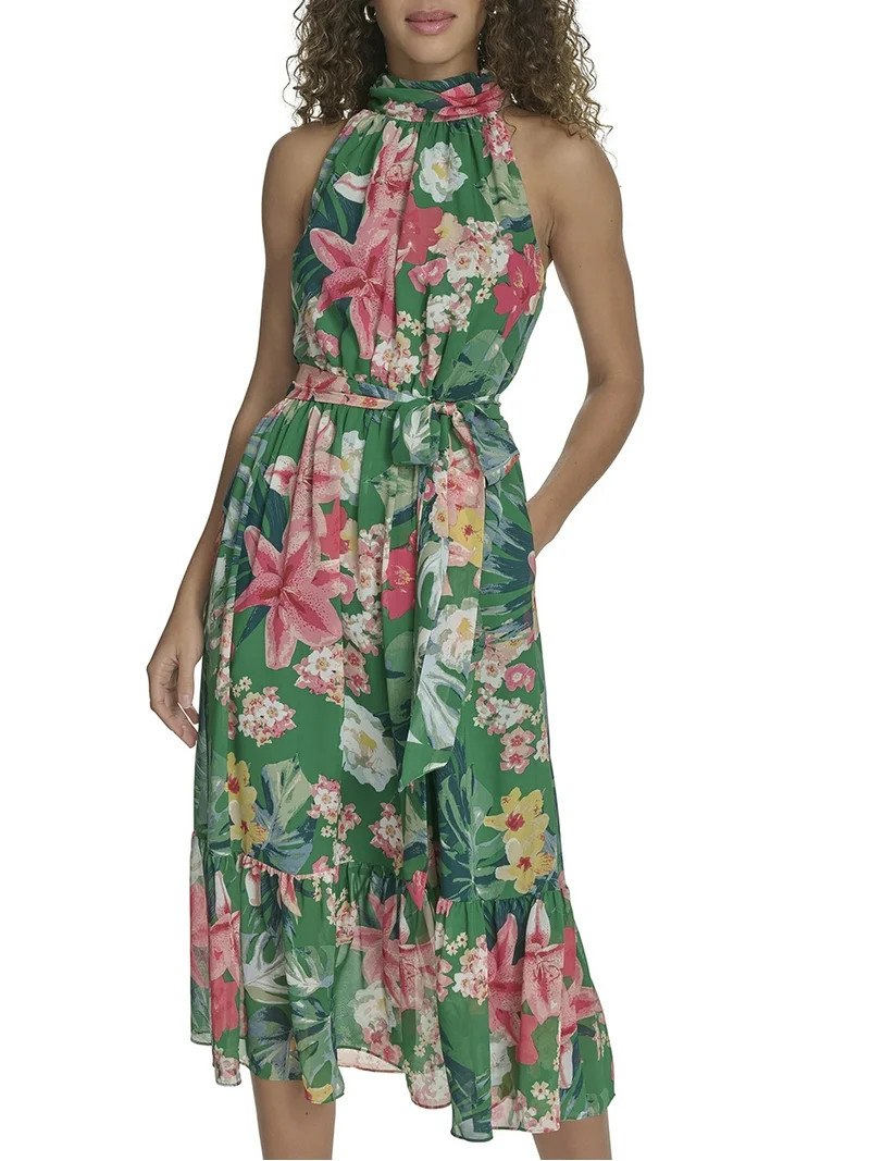 Falling Flowers Women's Chiffon Mock Neck Sleeveless Midi Dress, Sizes XS-XL | Walmart (US)