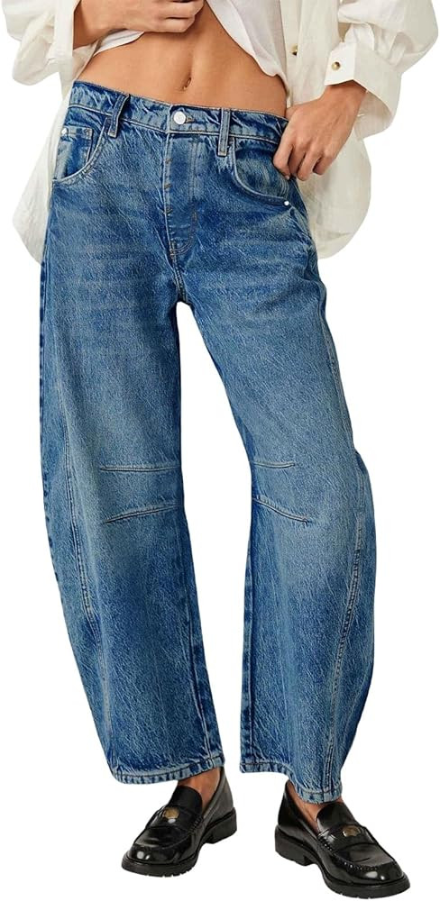 Barrel Jeans for Women Mid Rise Wide Leg Denim Pants Baggy Boyfriend Vintage Ankle Jeans Y2K Crop... | Amazon (US)