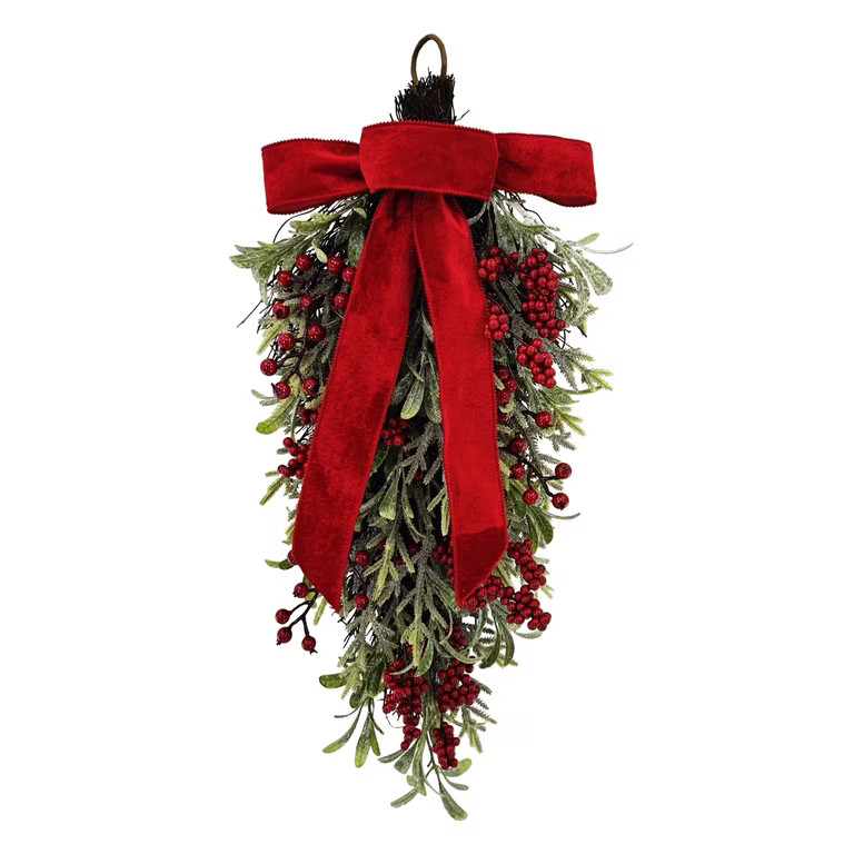 Frosted Greenery and Berry Artificial Christmas Swag with Velvet Bow, Green and Red, 24", by Holi... | Walmart (US)