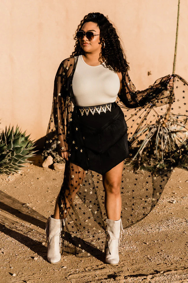 Backstage Pass Black Mesh Star Embellished Kimono | Pink Lily