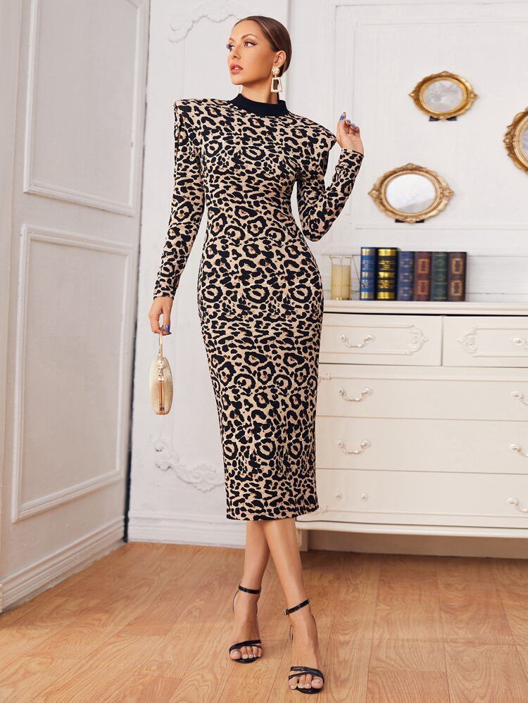 SHEIN Leopard Print Padded Shoulder Bodycon Dress | SHEIN