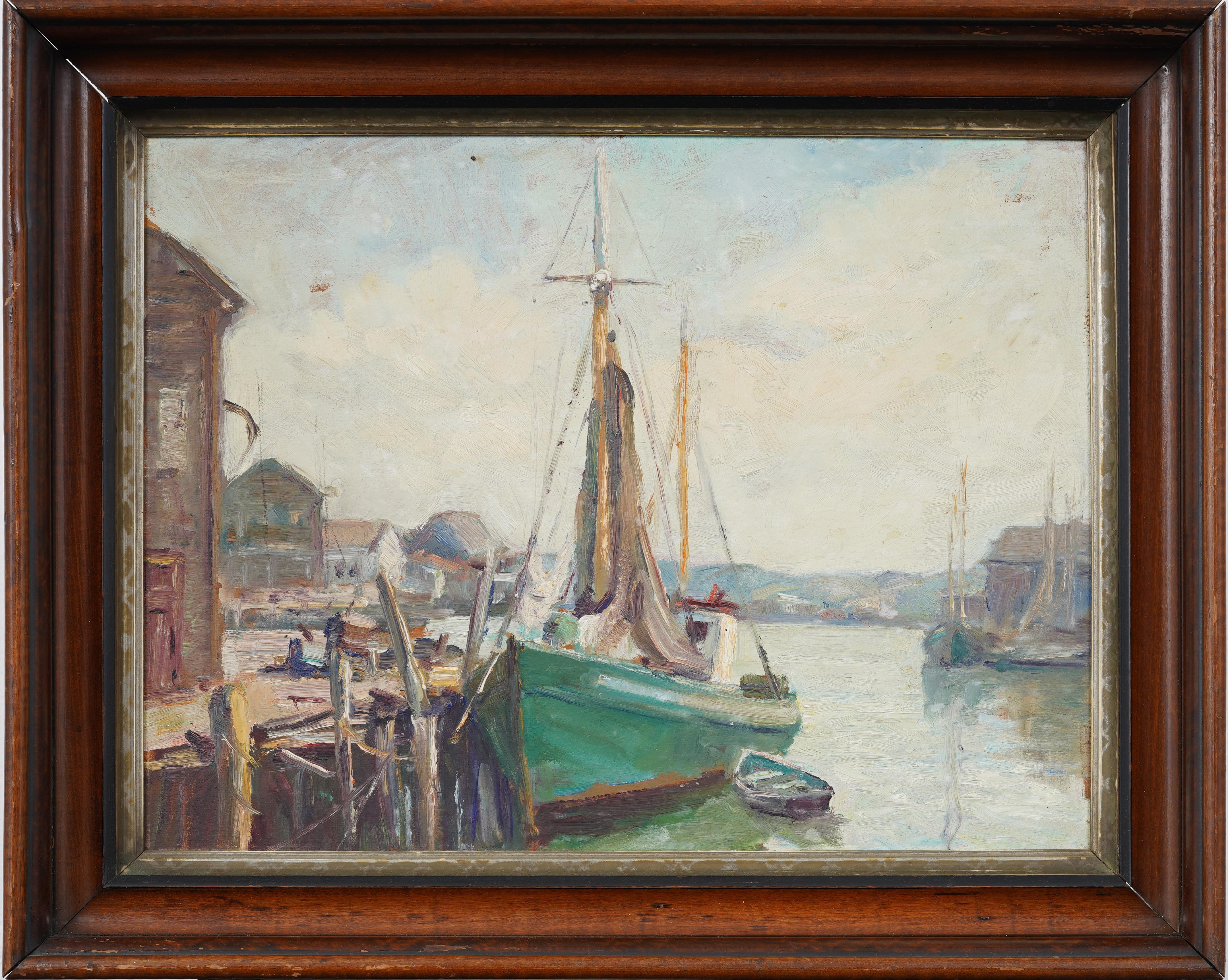 Vintage American Impressionist Framed Seascape Fishing Dock Scene Oil Painting1940 | 1stDibs