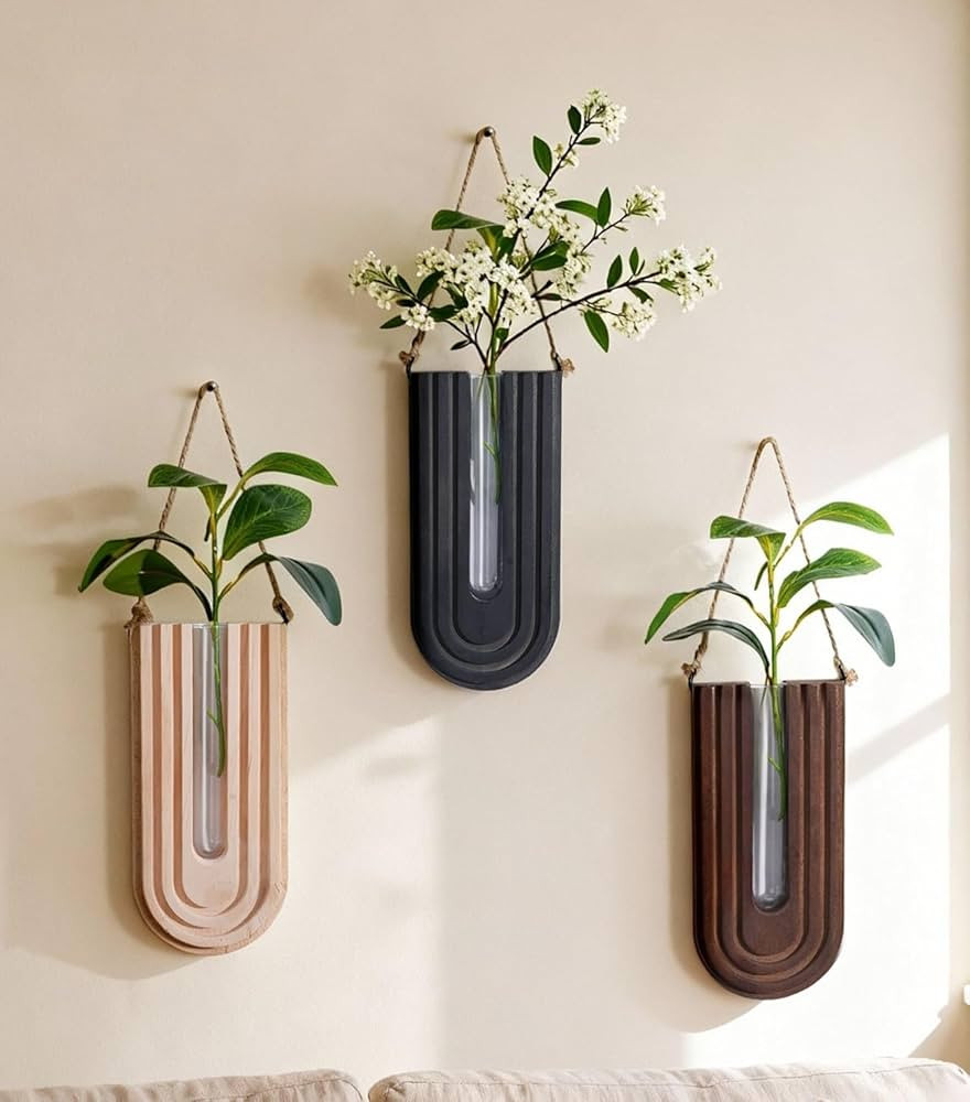 Wooden Wall Vase Set of 3, Propagation Vases Hanging Planters for Indoor Plants, Wall Mounted Vas... | Amazon (US)