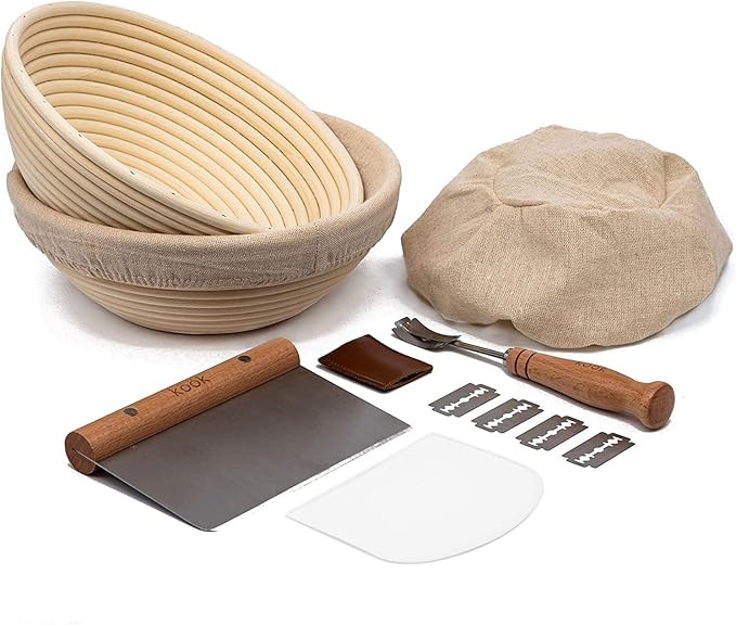 Kook Proofing Set, Sourdough Bread, 2 Rattan 9 Inch Banneton Baskets, 2 Basket Covers, Metal Scra... | Amazon (US)