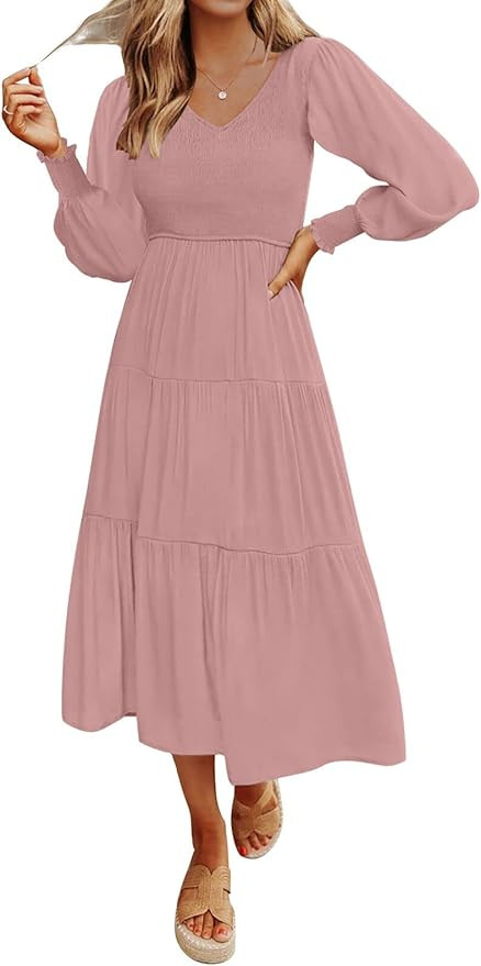 ZESICA Women's Casual Long Sleeve Crew Neck High Waist Smocked Flowy Tiered Midi Dress,VneckMaple... | Amazon (US)
