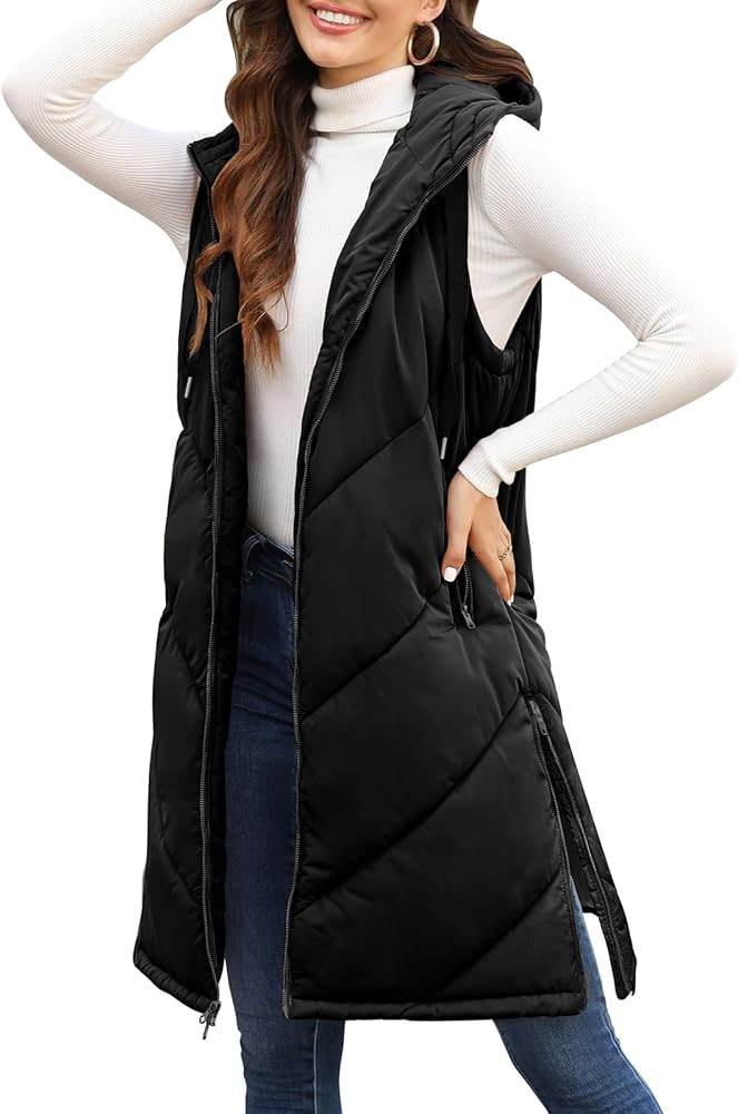 HEEKPEK Womens Puffer Vest Sleeveless Hooded Long Puffy Vests Zip Up Quilted Thick Winter Jackets Outerwear with Pockets | Amazon (US)