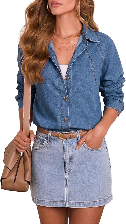 Sidefeel Womens Denim Shirt Button Down Long Sleeve Oversized Seam Panel Jean Denim Tops | Amazon (US)