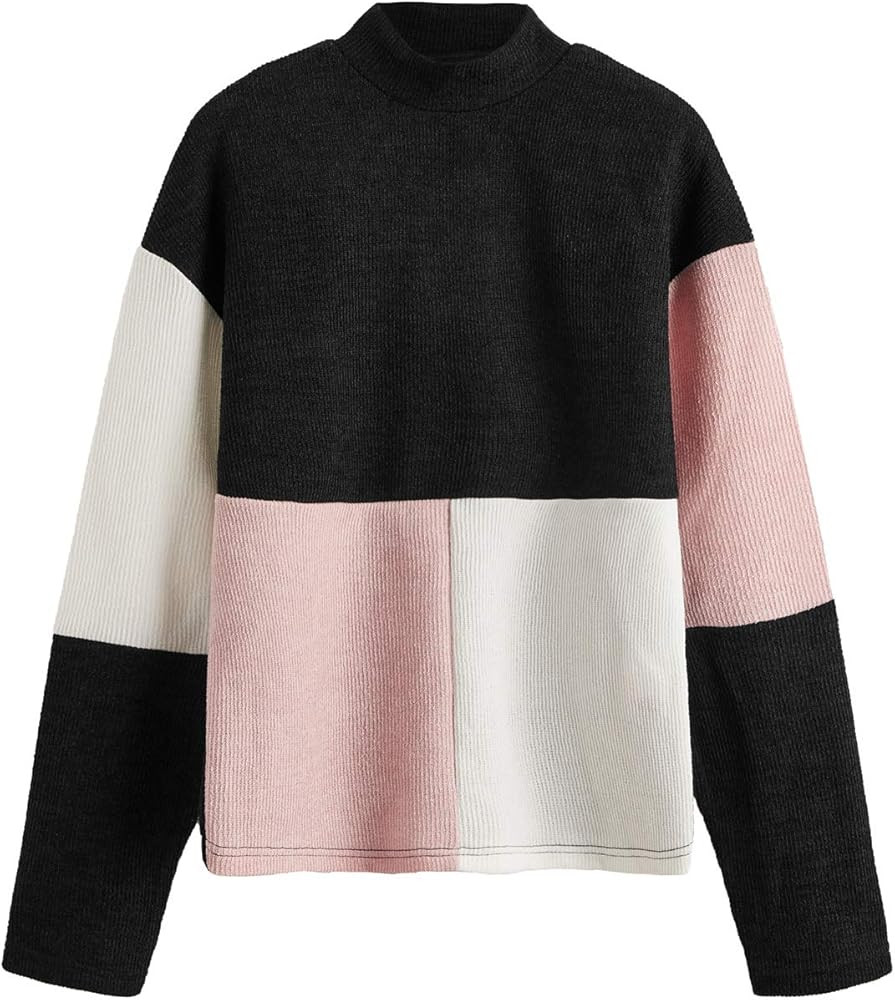 SweatyRocks Women's Long Sleeve Mock Neck Color Block Casual Knit Sweater Pullover | Amazon (US)