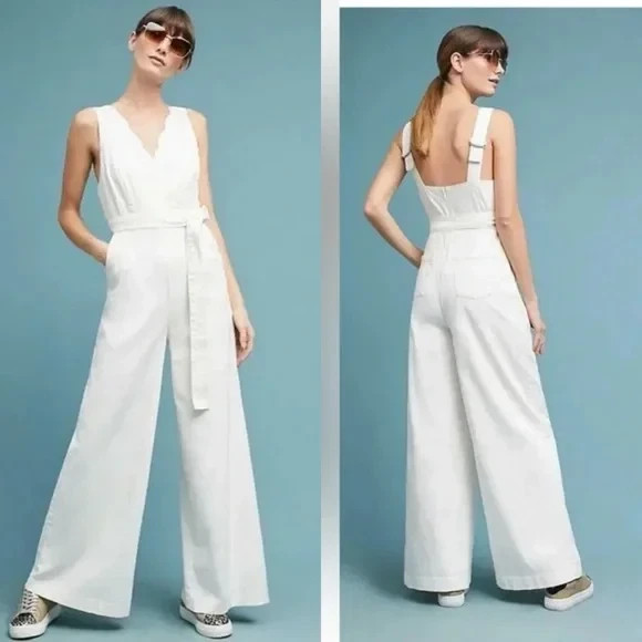 Chino By Anthropologie White Belted Scalloped Jumpsuit Size 6 Womens | eBay CA