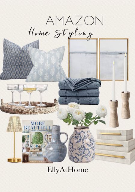 Amazon home spring styling. Shop framed artwork, blue throw pillows, throw blanket, best selling candleholder, touch light, vases, spring florals, tray, coupe glasses. Home decor accessories, free shipping. 

#LTKfindsunder50 #LTKhome #LTKsalealert