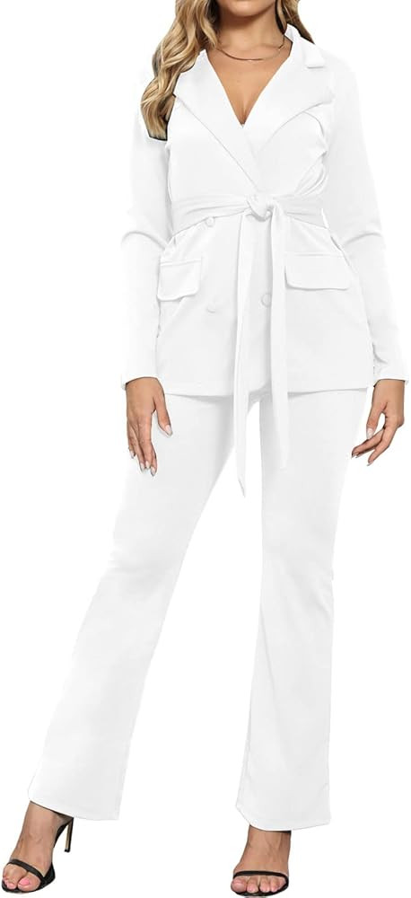 Women's Two Piece Outfits Casual Open Front Blazer and Elastic Waist Flared Pants Suits Set | Amazon (US)