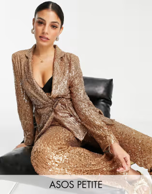 ASOS DESIGN Petite jersey sequin suit wrap blazer in rose gold | ASOS (Global)