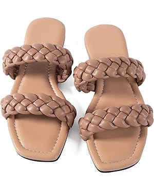 Mtzyoa Women's Sandals Casual Braided Dressy Summer Square Toe Quilted Flat Sandals | Amazon (US)
