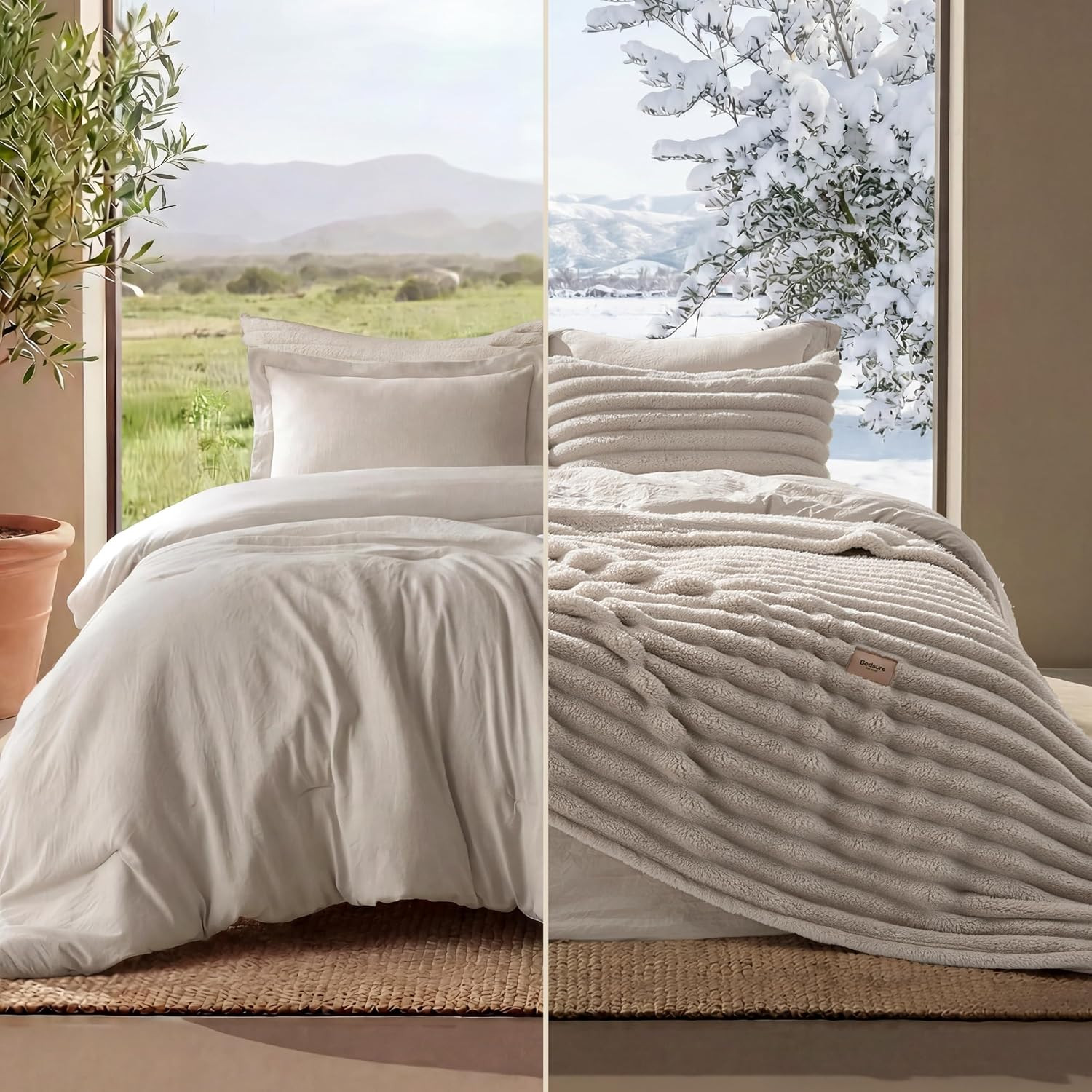Bedsure 2-in-1 Comforter Set with Detachable Fleece Blanket, Beige Queen | Amazon (US)