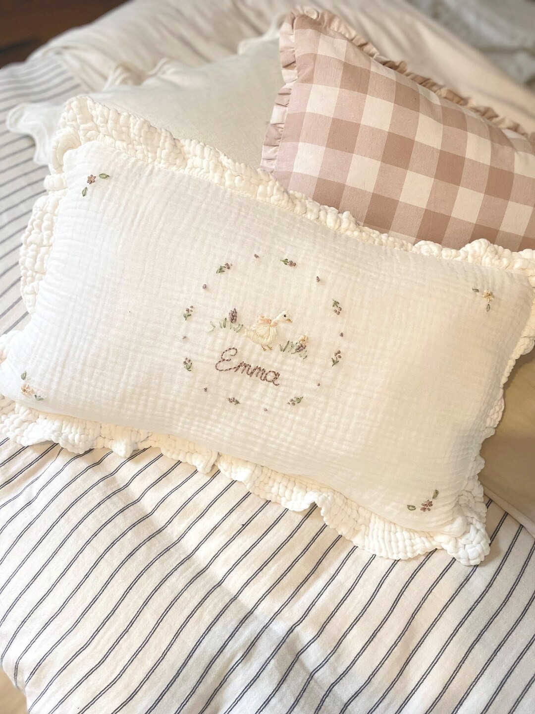 Embroidered Baby Pillow: Hand Stitched Personalisation, Ruffle Trim - Etsy | Etsy (US)