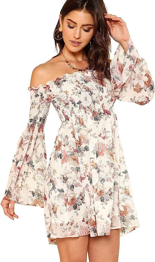 Romwe Women's Casual Floral Print Off Shoulder Trumpet Sleeve Swing Dress | Amazon (US)