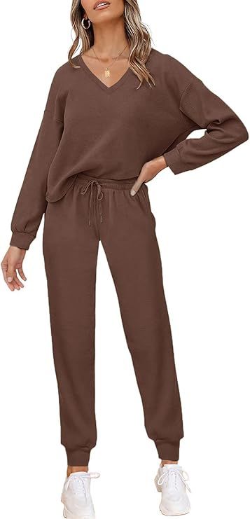 PIIRESO Women's V Neck Waffle Knit 2 Piece Outfits Long Sleeve Top and Pants Loungewear Jogger Se... | Amazon (US)