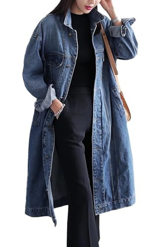 Jofemuho Womens Classic Jean Jacket Plus Size Loose Long Sleeve Button Down Denim Trench Coat Blue L | Amazon (US)