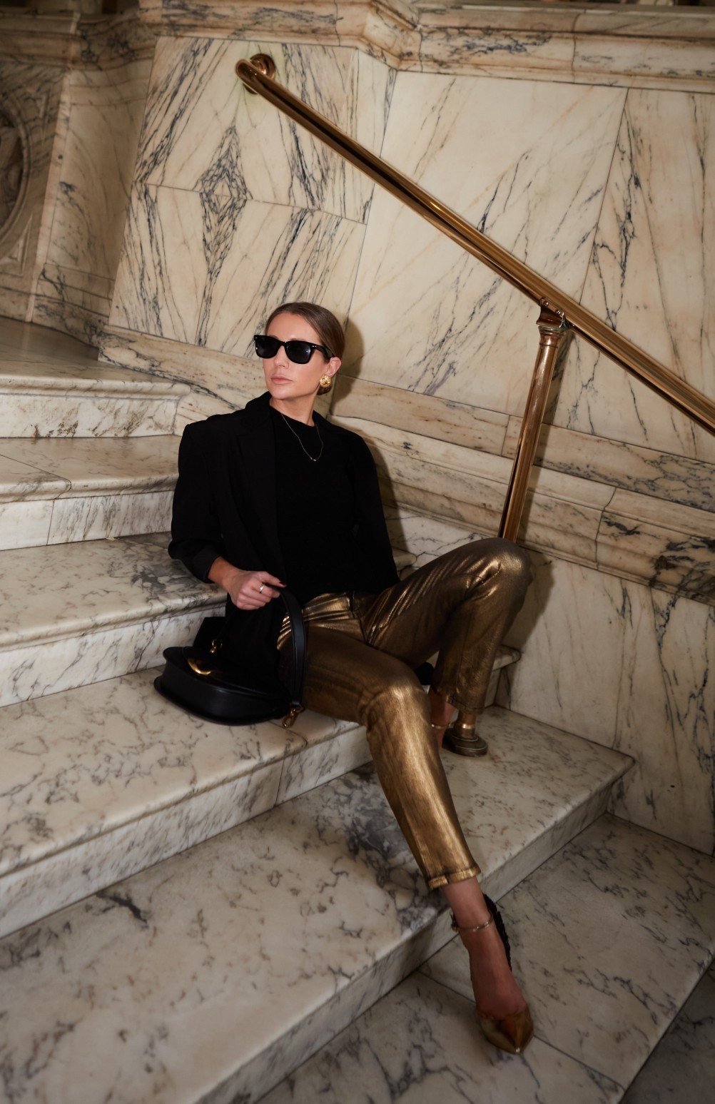 Party outfit, party trousers, gold trousers, gold jeans, black blazer, New Year’s Eve outfit, gold shoes, gold heels, party bag, evening handbag, Chanel, gold earrings, evening outfit 

#LTKjeans #LTKfestive #LTKpartywear