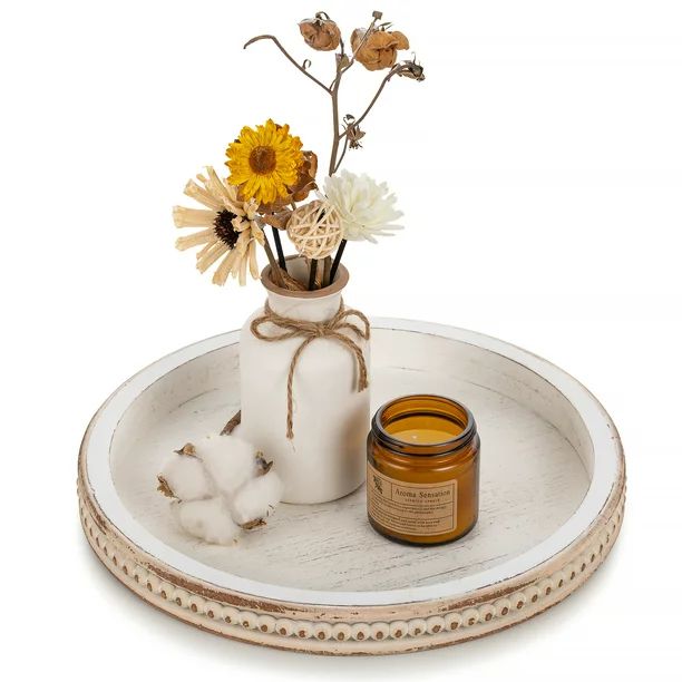 Hanobe Decorative Tray 12" Round Wood Bead Trays for Table Whitewashed | Walmart (US)