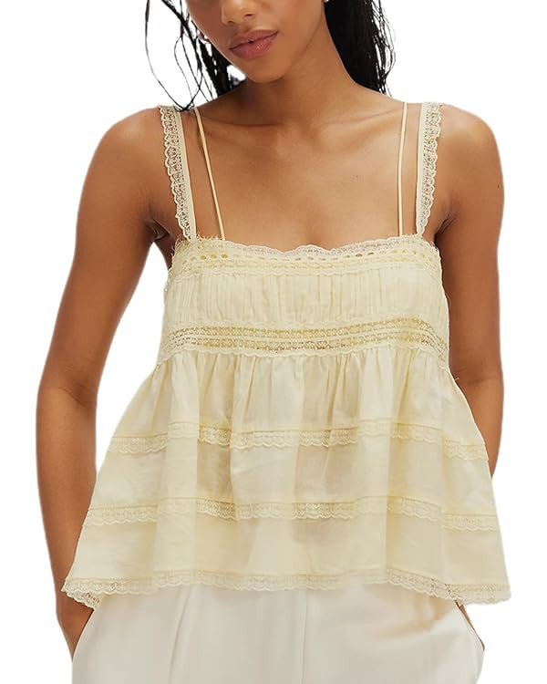 Women Y2K Solid Color Cami Top Sleeveless Lace Patchwork Ruffled Peplum Tank Top Summer Backless ... | Amazon (US)