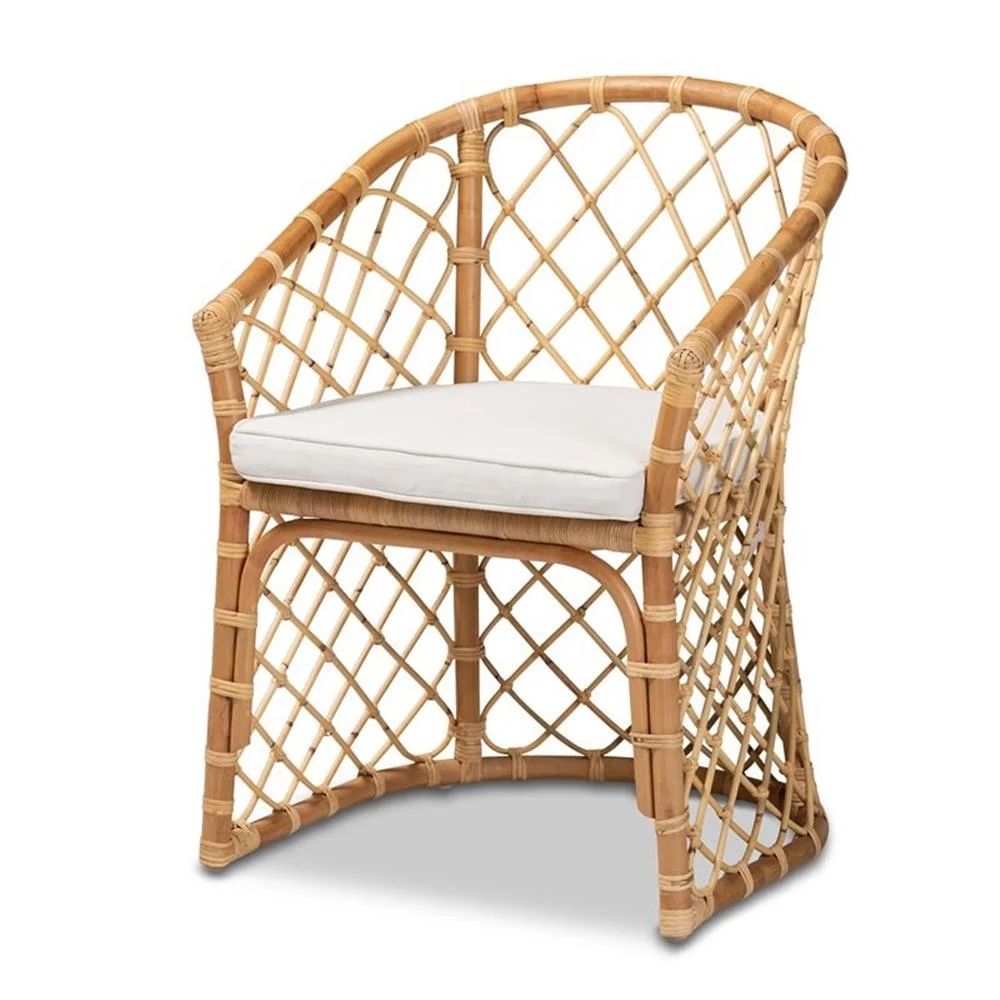 Pemberly Row White Fabric Upholstered and Brown Rattan Dining Chair | Walmart (US)