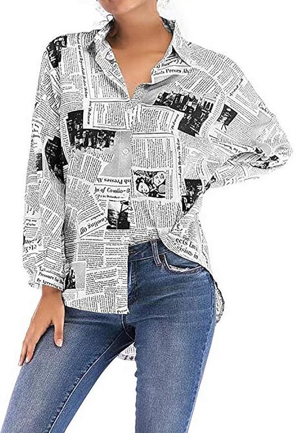 Newspaper Print Shirt Women Long Sleeve Lapel Neck Loose Button Down Tshirt Top | Amazon (US)