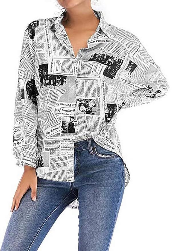 Newspaper Print Shirt Women Long Sleeve Lapel Neck Loose Button Down Tshirt Top | Amazon (US)