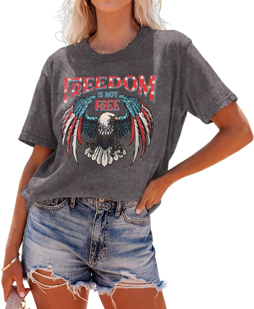 4th of July Shirts Women American Flag Eagle T-Shirt Patriotic Freedom Tees USA Flag Stars Graphi... | Amazon (US)