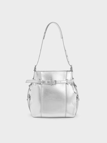Bryna Metallic Belted Bucket Bag
    
         - Silver | Charles & Keith CA