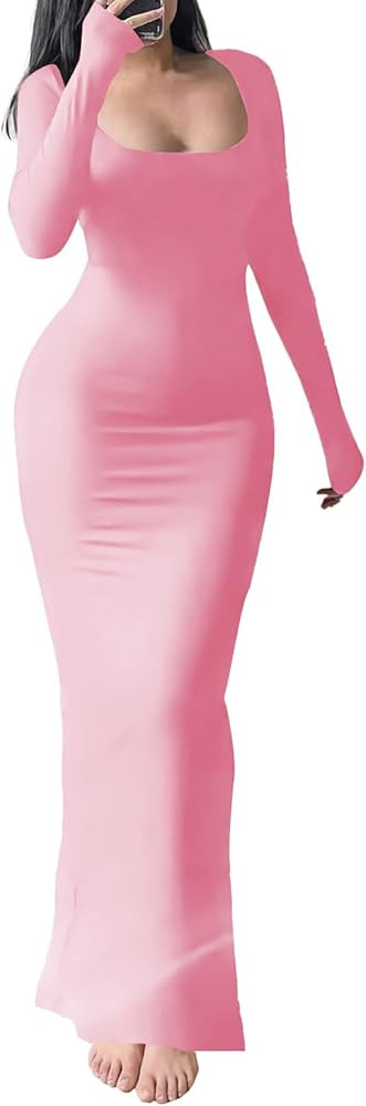 HBQ Women's Bodycon Maxi Dress Long Sleeve Square Neck Lounge Dresses Sexy Night Out Party Dress | Amazon (US)