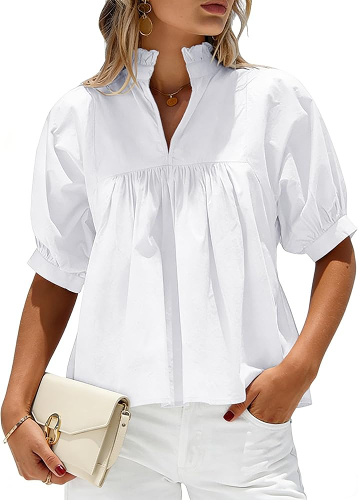 SimpleFun Puff Sleeve Blouses for Women Dressy Casual High Ruffle V Neck Babydoll Peplum Tops Sum... | Amazon (US)