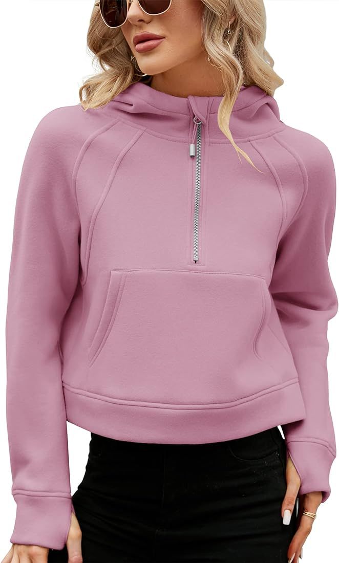 Micoson Womens Fleece Lined Cropped Hoodies Half Zip Pullover Long Sleeve Workout Sweatshirt with... | Amazon (US)