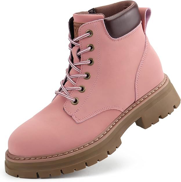 JABASIC Women Leather Ankle Combat Boots Low Heel Lace Up Outdoor Trekking Hiking Work Boots (10,... | Amazon (US)