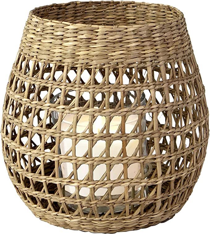 Tea Light Candle Holder w Glass Cup | Seagrass Pillar Candles Lantern - Rustic Wire Jar Candlesti... | Amazon (US)